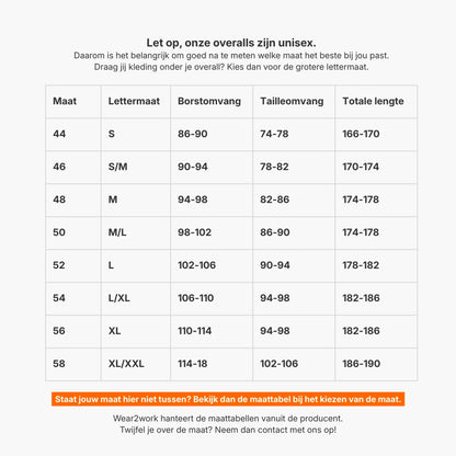Overall Drukknoop polyester/katoen maattabel 