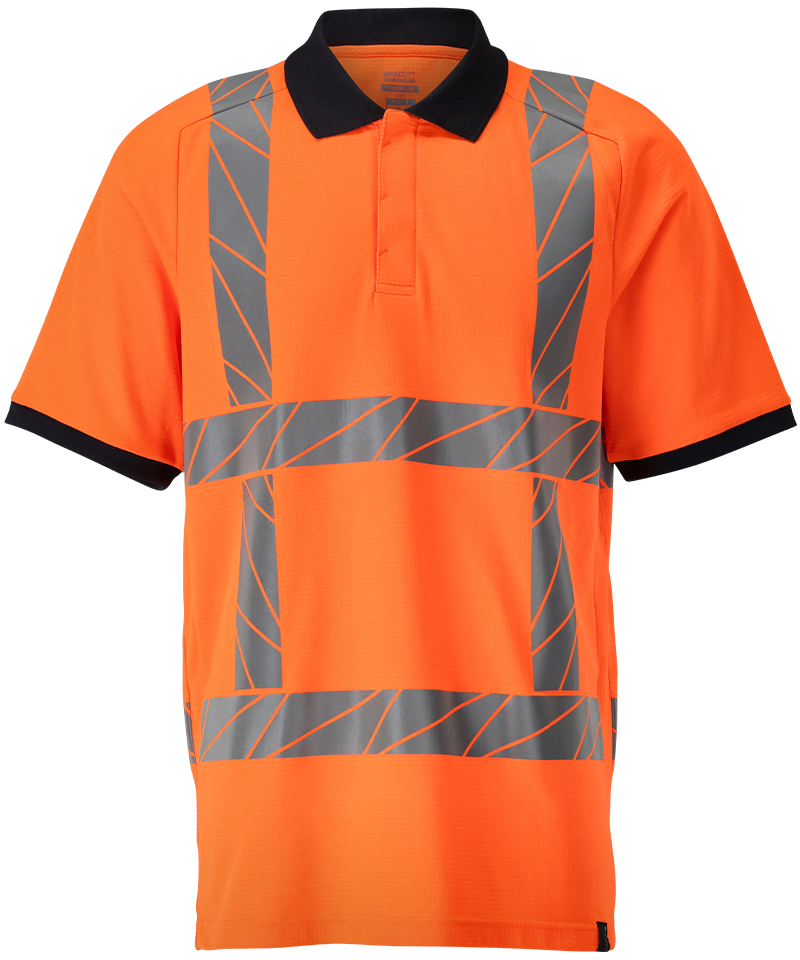 Mascot rws poloshirt in oranje met reflecterende strepen, voorkant