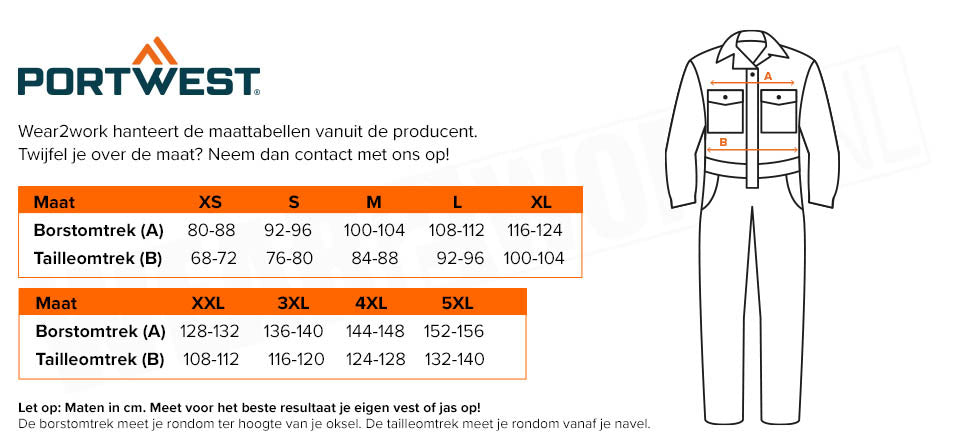 Vlamvertragende overall reflectie Portwest Iona BIZ5 - Maattabel