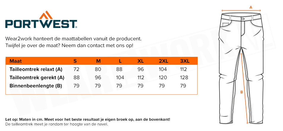 Zaagbroek Portwest CH11 - Maattabel