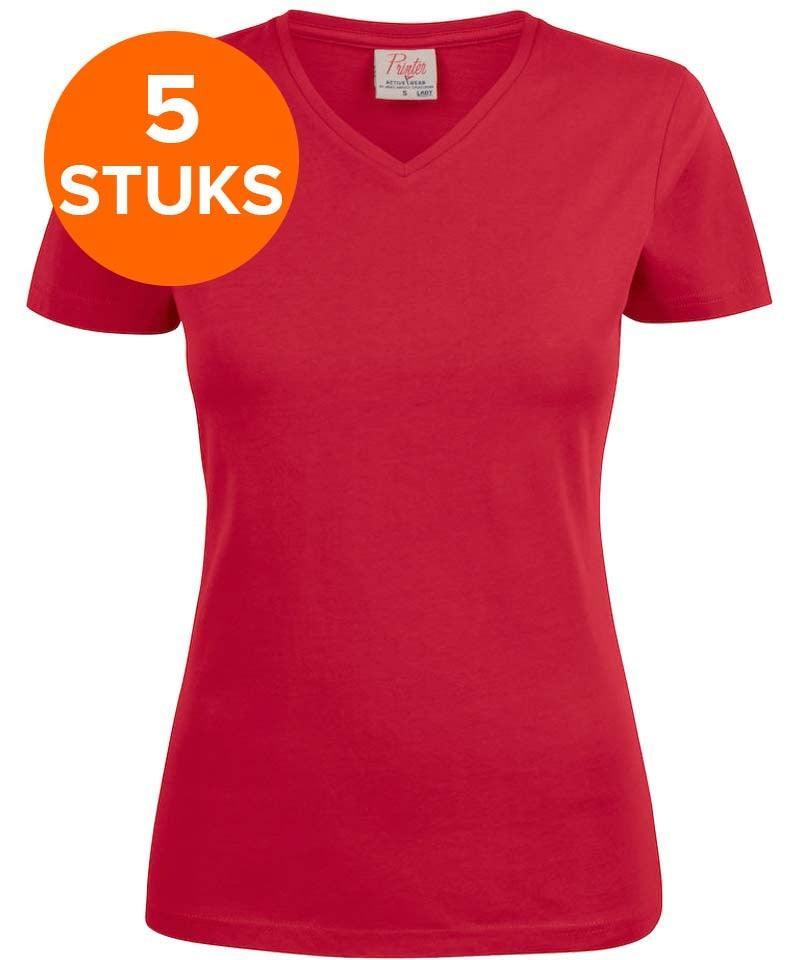 Dames t-shirt v-hals Printer 5 pack rood