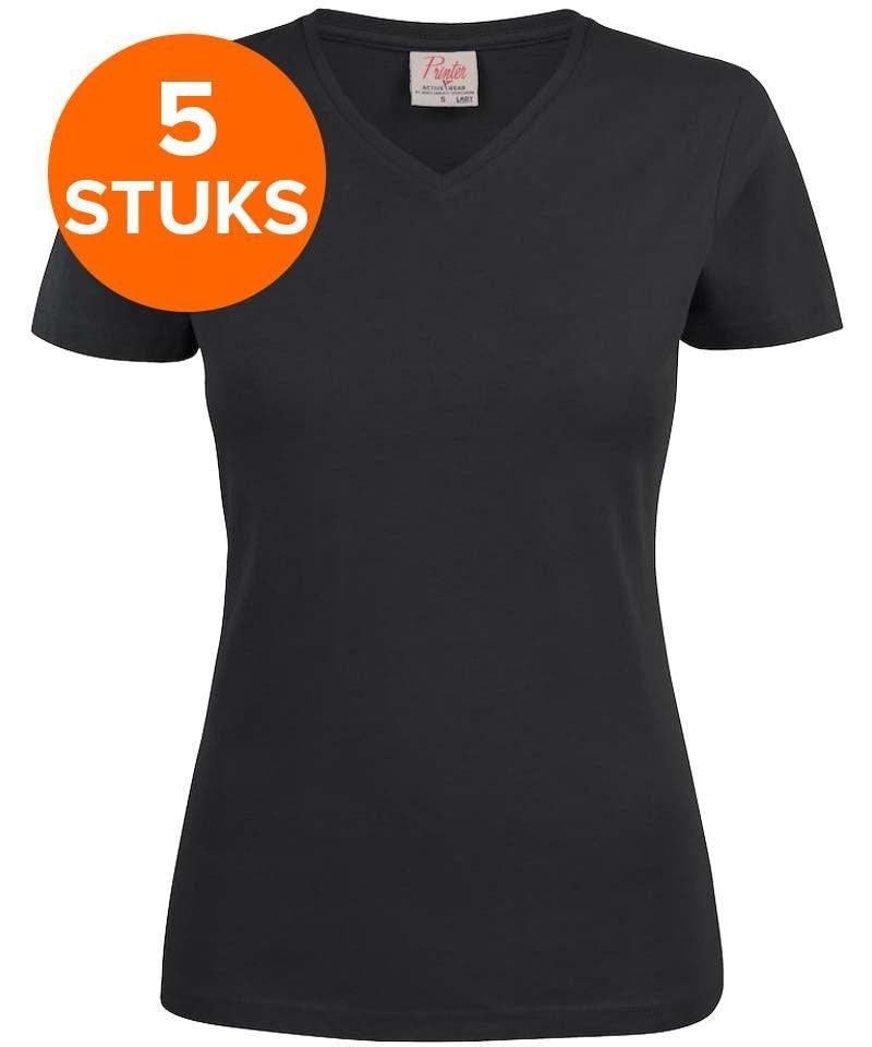 Dames t-shirt v-hals Printer 5 pack zwart