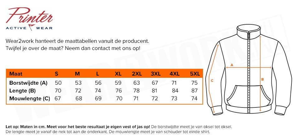 Vest met capuchon Printer Overhead - Maattabel